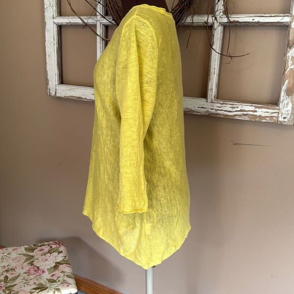Eileen Fisher yellow linen three quarter sleeve blouse top large scoop neck mini - Picture 3 of 9